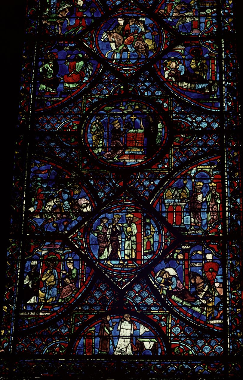 Scener fra Karl den Stores liv (747-814) fra ambulatoriet, ca. 1215-35 (farget glass) (se også 98072) av Unbekannt