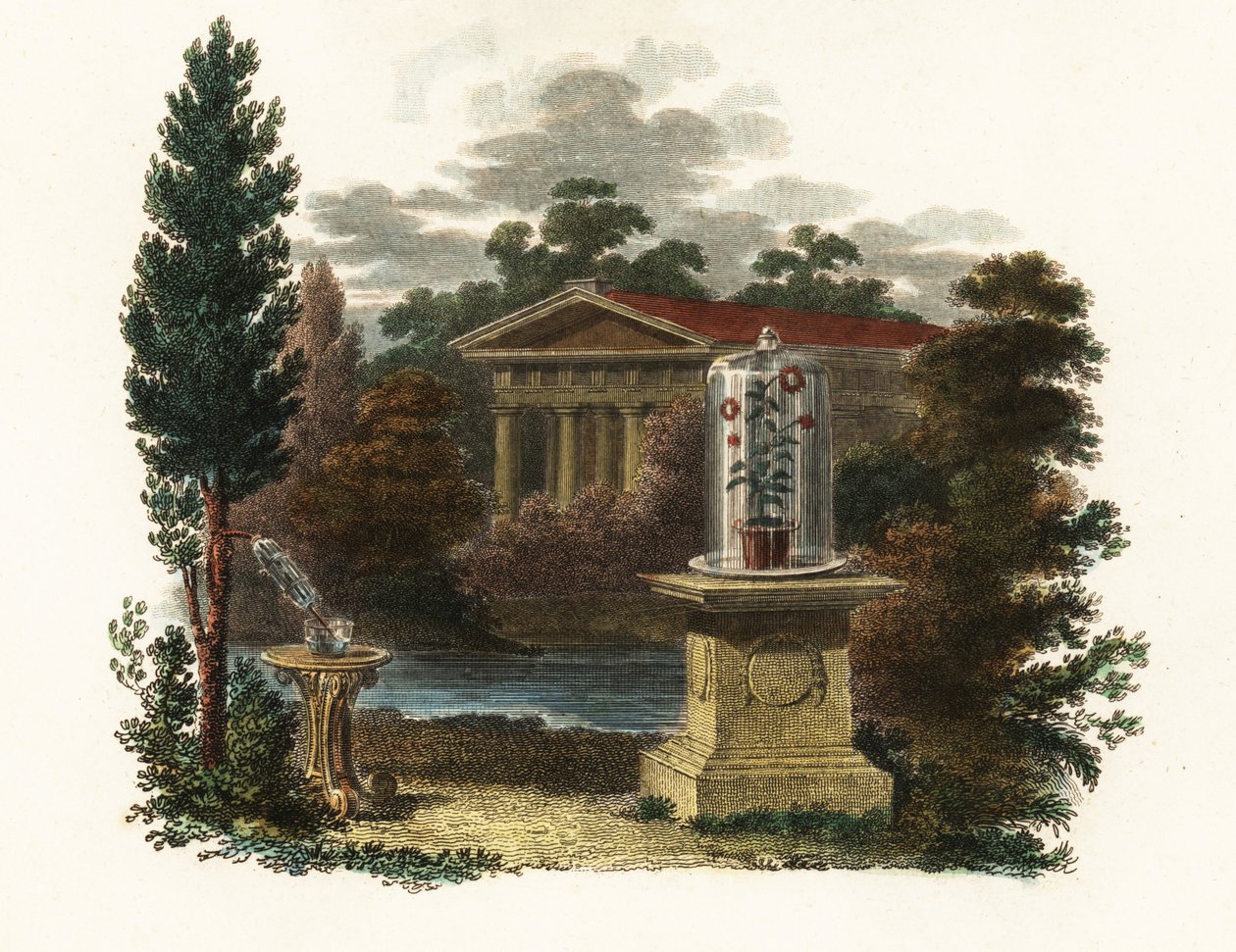 Vitenskapelige oppfinnelser av Stephen Hales i en hage.1802 (gravering) av Unbekannter Künstler