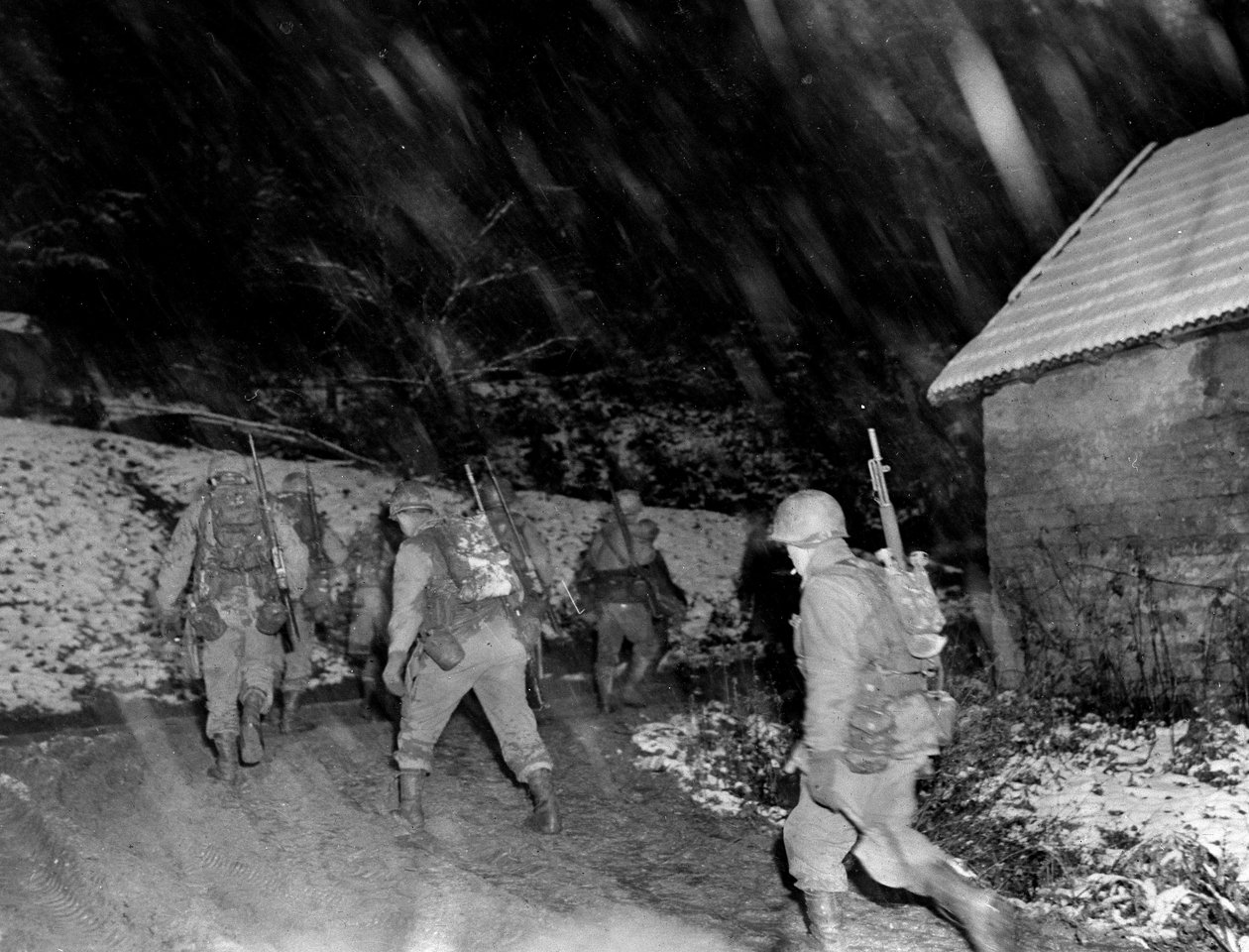 Andre verdenskrig (1939-1945) - Andre verdenskrig (WWII eller WW2): Langefosse-regionen (Vosgesene) november 1944: Infanterister fra 142. RI i 36. DI i 7. amerikanske hær vender tilbake fra linjene under en snøstorm av Unbekannt