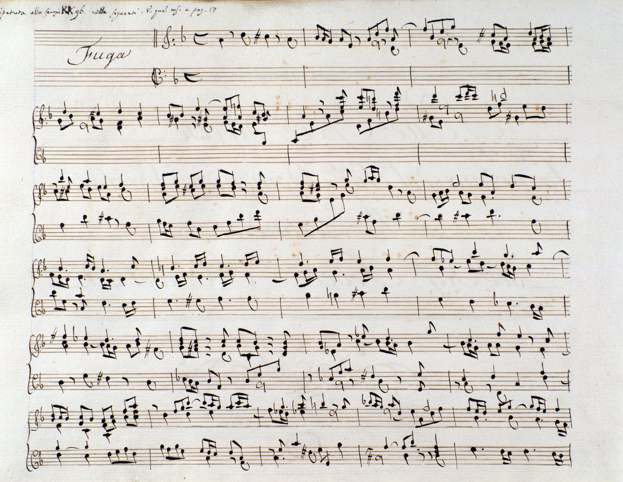 Noter for Händels fuga fra et manuskript som inneholder to verk, av Domenico Scarlatti og av Friedrich Handel av Unbekannter Künstler