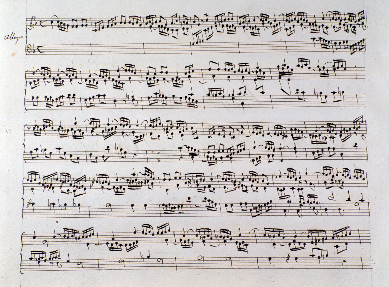 Noter for Händels fuga fra et manuskript som inneholder to verk av Domenico Scarlatti og Friedrich Handel av Unbekannter Künstler