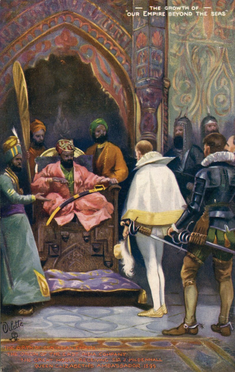 Sir J Mildenhall mottatt av Akbar den store, tidlig på 1900-tallet (postkort) av Unbekannter Künstler