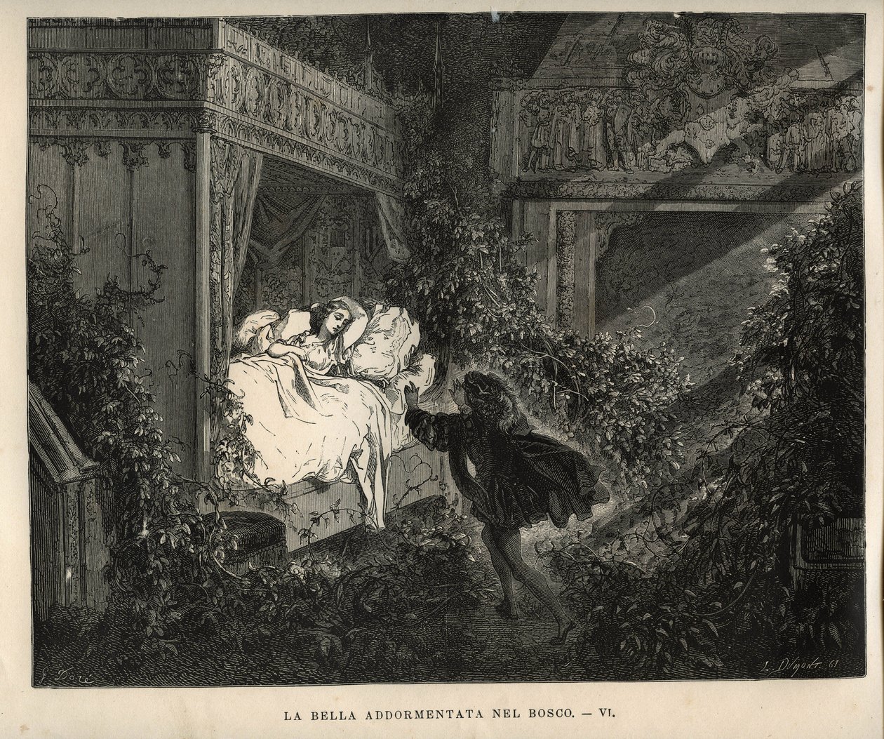 Tornerose: Prinsen oppdager den sovende prinsessen i hundre år. Gravering av Gustave Dore (1832-1883) fra "" Les contes"" av Charles Perrault (1628-1703) av Unbekannt