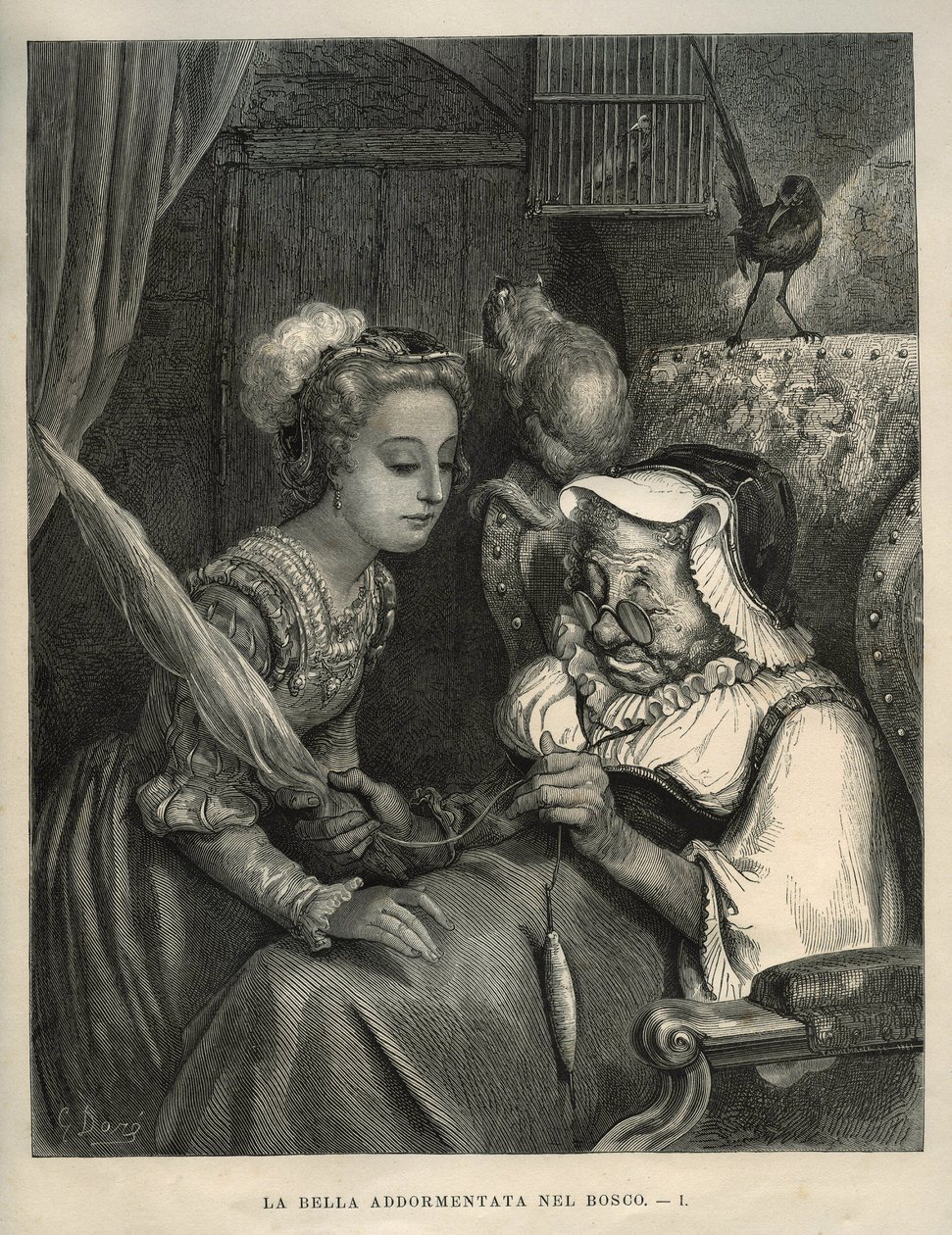 Tornerose: prinsessen oppdager en gammel kvinne som spinner ull. Gravering av Gustave Dore (1832-1883) fra "" Les contes"" av Charles Perrault (1628-1703) av Unbekannt