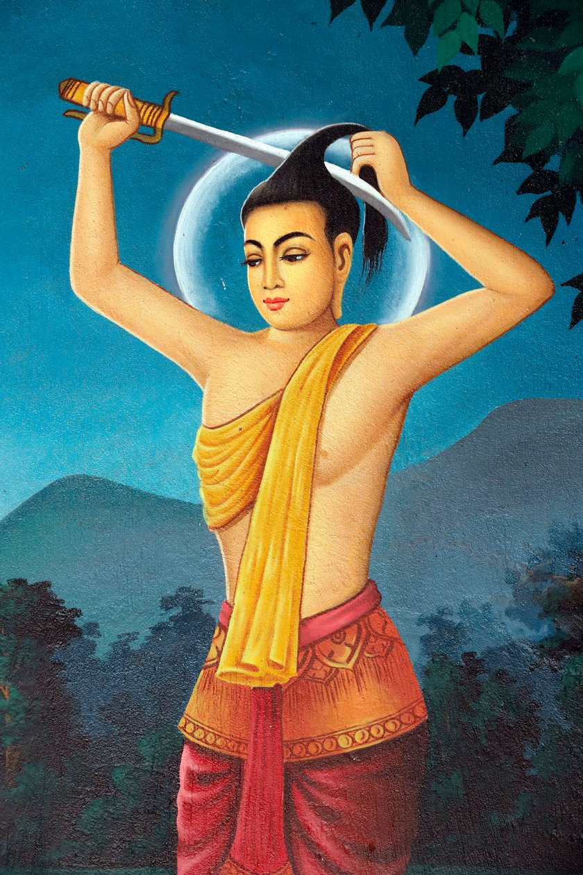 Srahchork buddhistkloster. Maleri som skildrer livshistorien til Shakyamuni Buddha. Prins Siddhartha klippet av seg håret for å gi avkall på det verdslige livet ved bredden av Anoma-elven. Phnom Penh. Kambodsja. (bilde) av Unbekannt