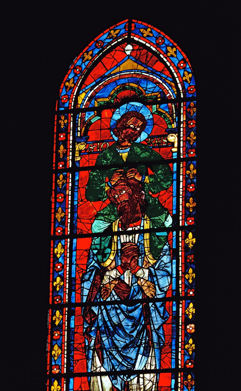 St. Johannes evangelisten rir på skuldrene til Esekiel, lansettvindu i det sørlige korsarm, ca. 1217-25 (farget glass) av Unbekannt