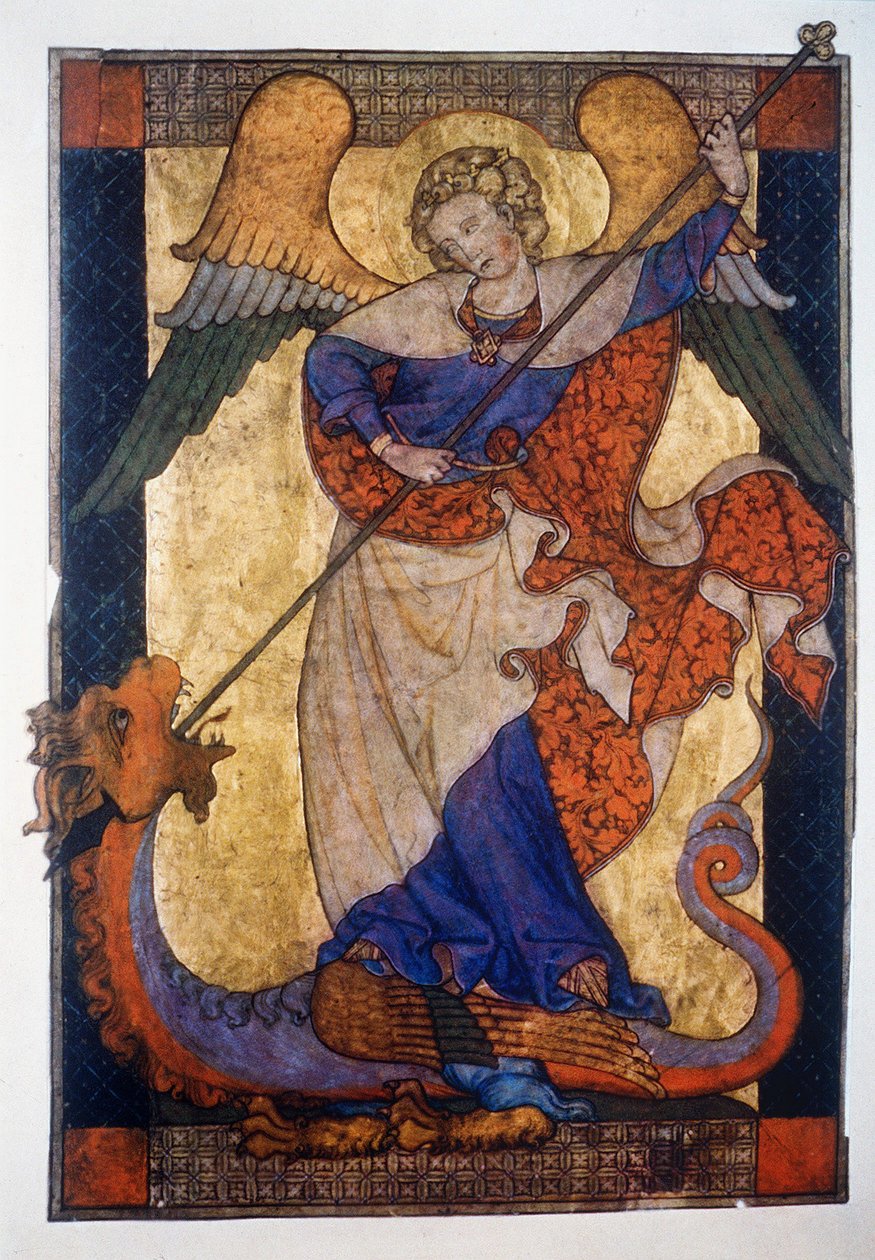 St Michael Defeating the Dragon - Pergament, ca. 1330, National Museums Kupferstichkabinett, Berlin av Unbekannter Künstler