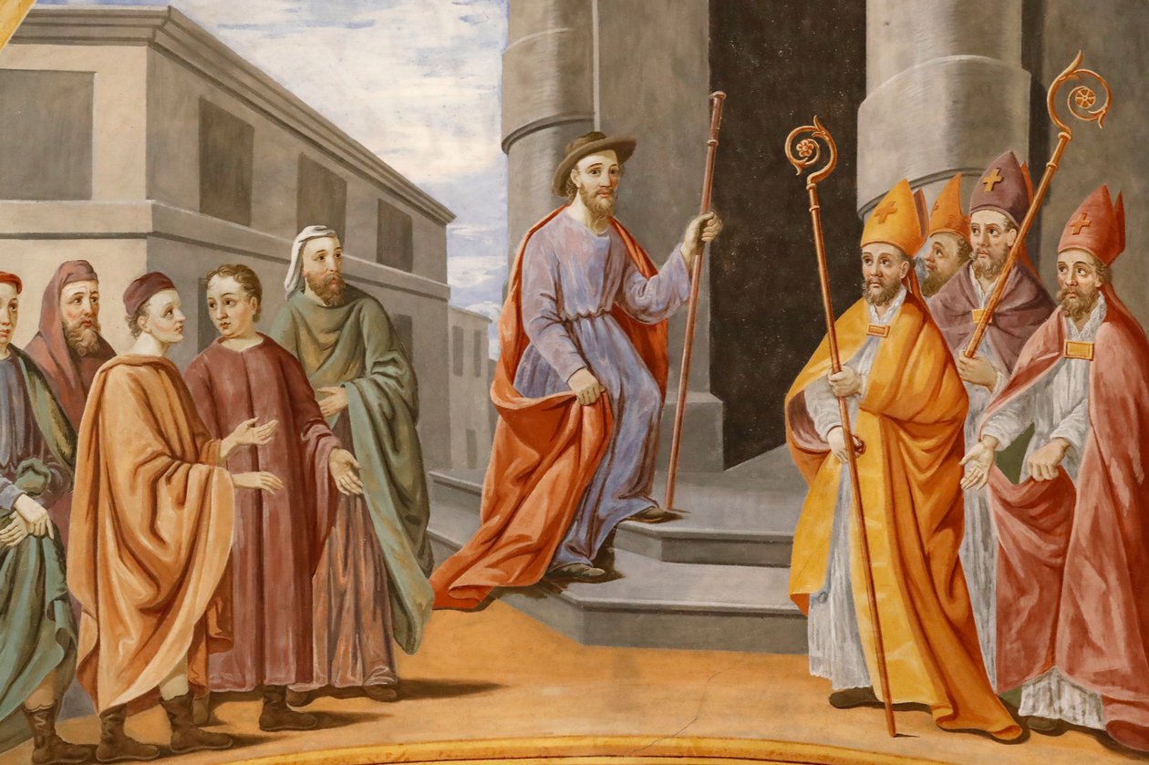 St. Nicolas de Veroce kirke. St. Nicolas er valgt til å være biskop i Myra. Maleri. Frankrike. (bilde) av Unbekannt