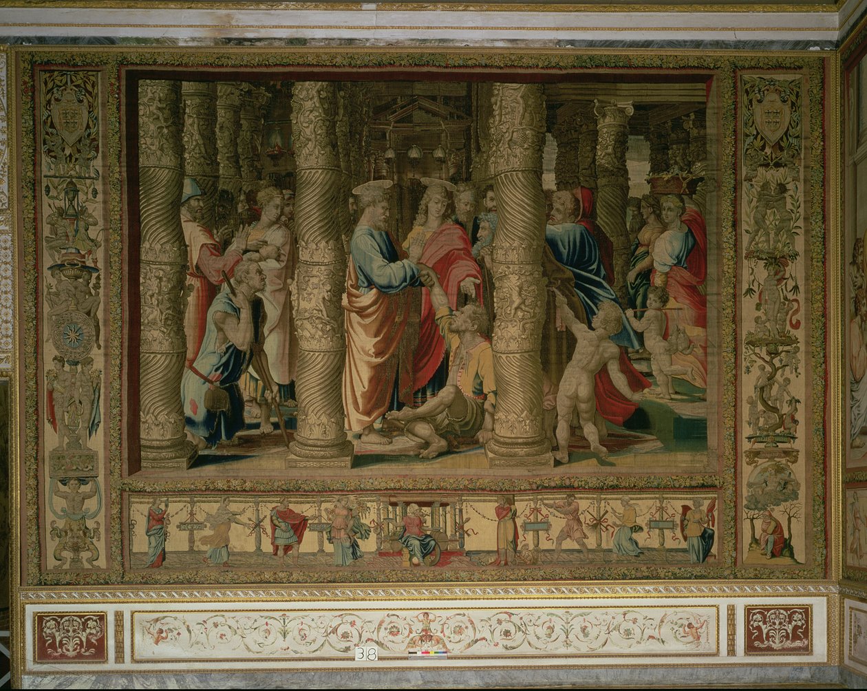 St. Peter og St. Johannes helbreder en krøpling ved porten til tempelet, fra Brussel-teppet, kopier av Rafaels Vatikanets tegneserier av Apostlenes gjerninger (teppe) av Unbekannt