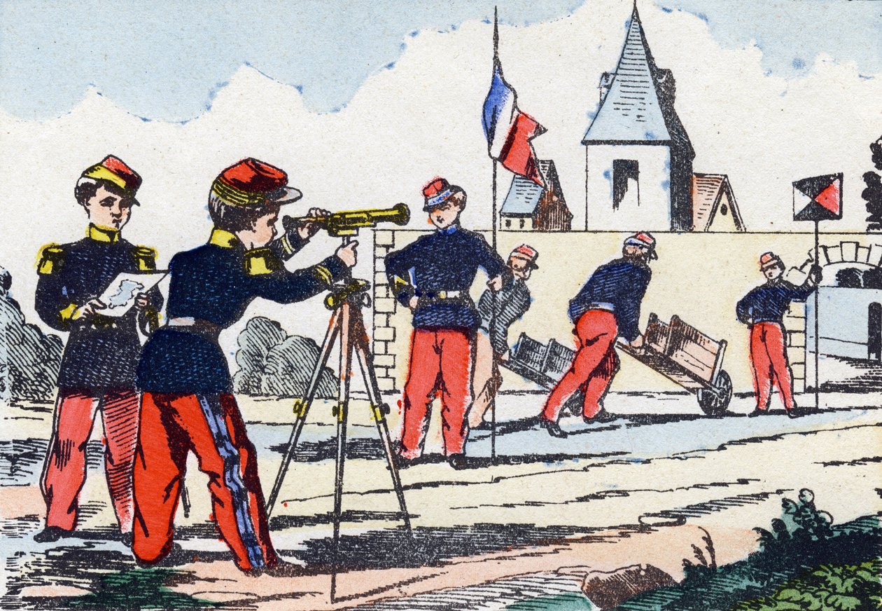 Stalkere. Gravering i "Barnas militæralfabet"". Bilder av Pont-a-Mousson, ca 1890. 20 sider. Sol: 28,5x21cm av Unbekannt