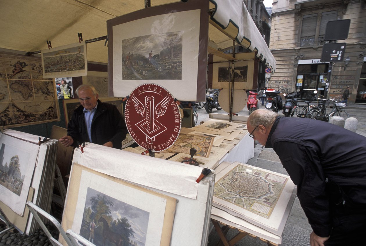 Bod som selger trykk, Piazza del Carmine, Milano, Lombardia, Italia av Unbekannt