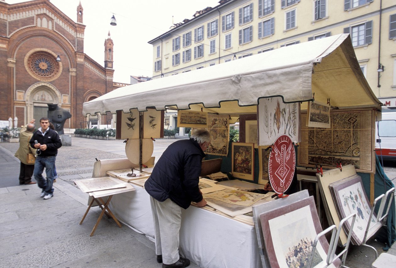 Bod som selger trykk, Piazza del Carmine, Milano, Lombardia, Italia av Unbekannt