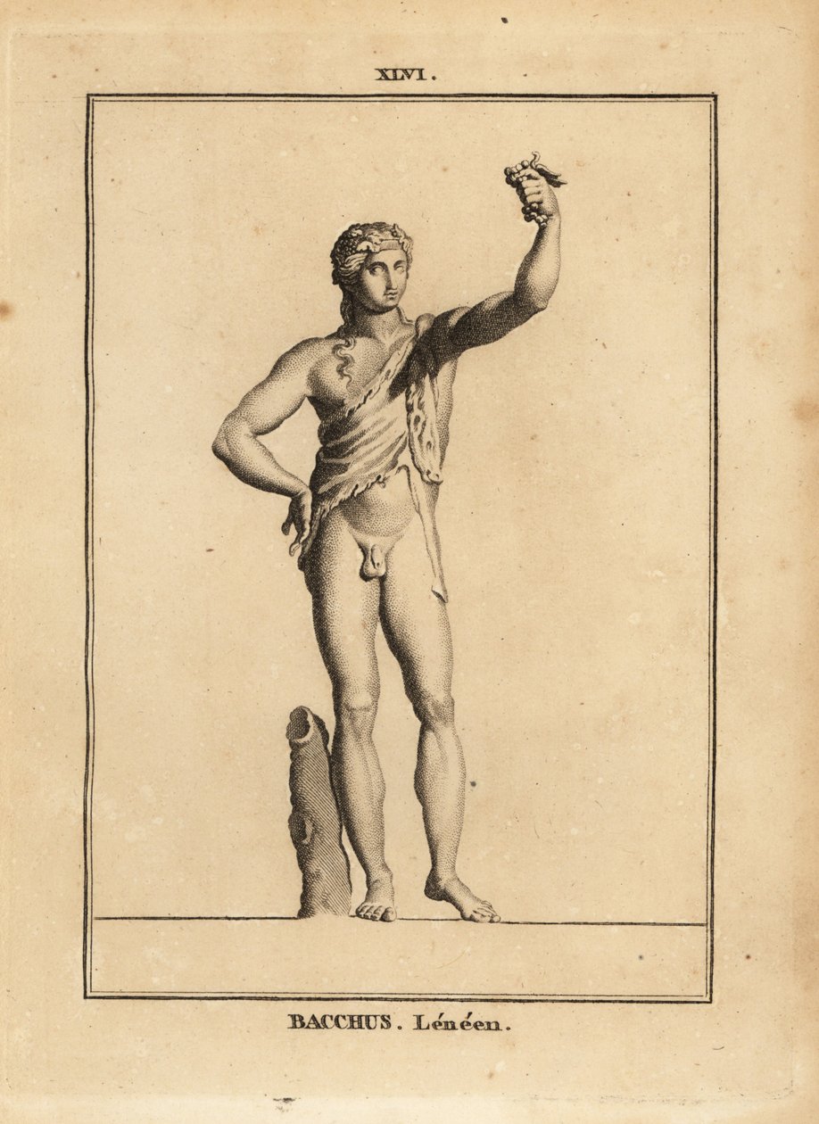 Statue av Bacchus Lenaios, den romerske vinguden, naken men for et løveskind, presser en klase med druer av Unbekannt