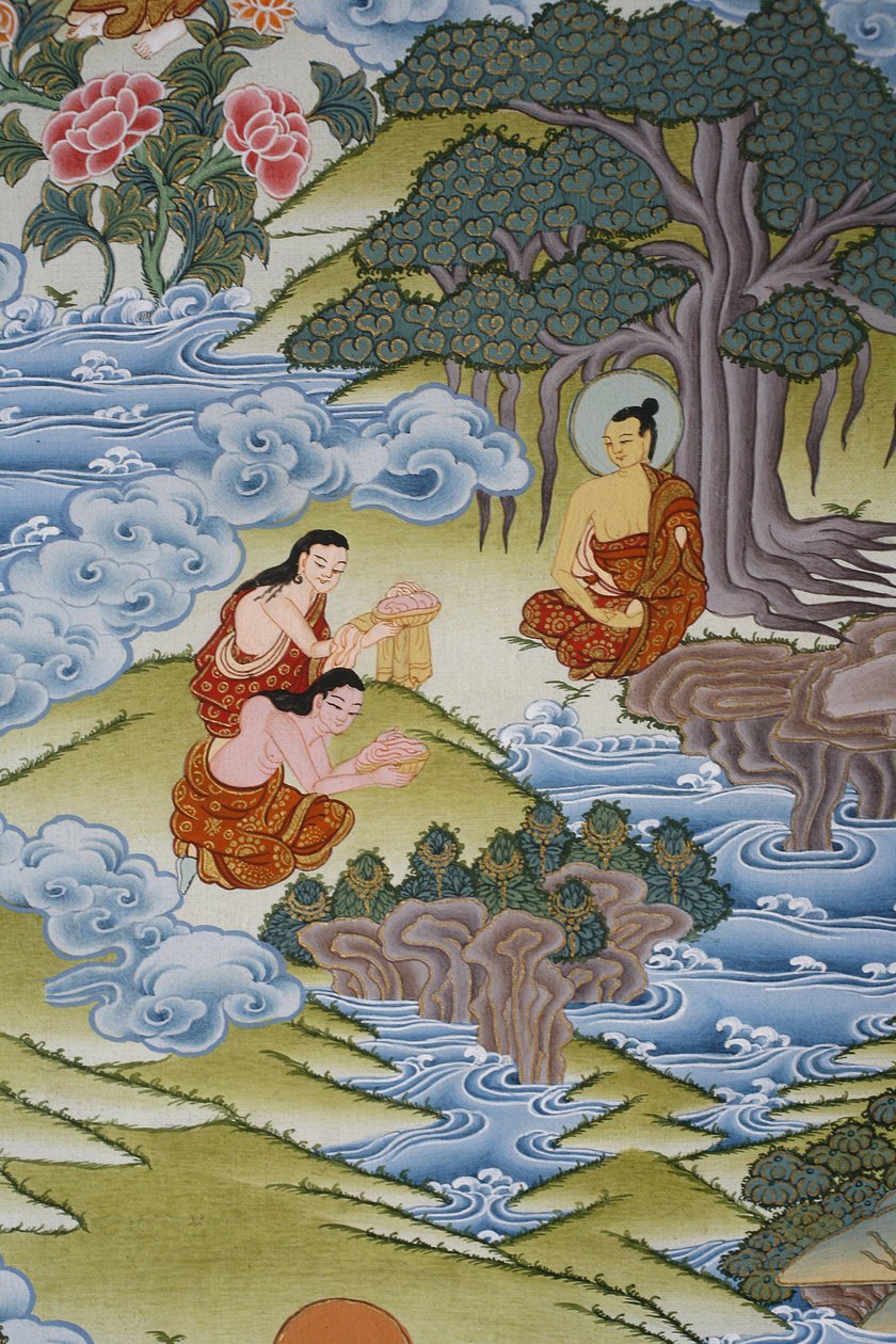 Sujata gir melkeris til Buddha. Thangka, Bhaktapur, Nepal av Unbekannt