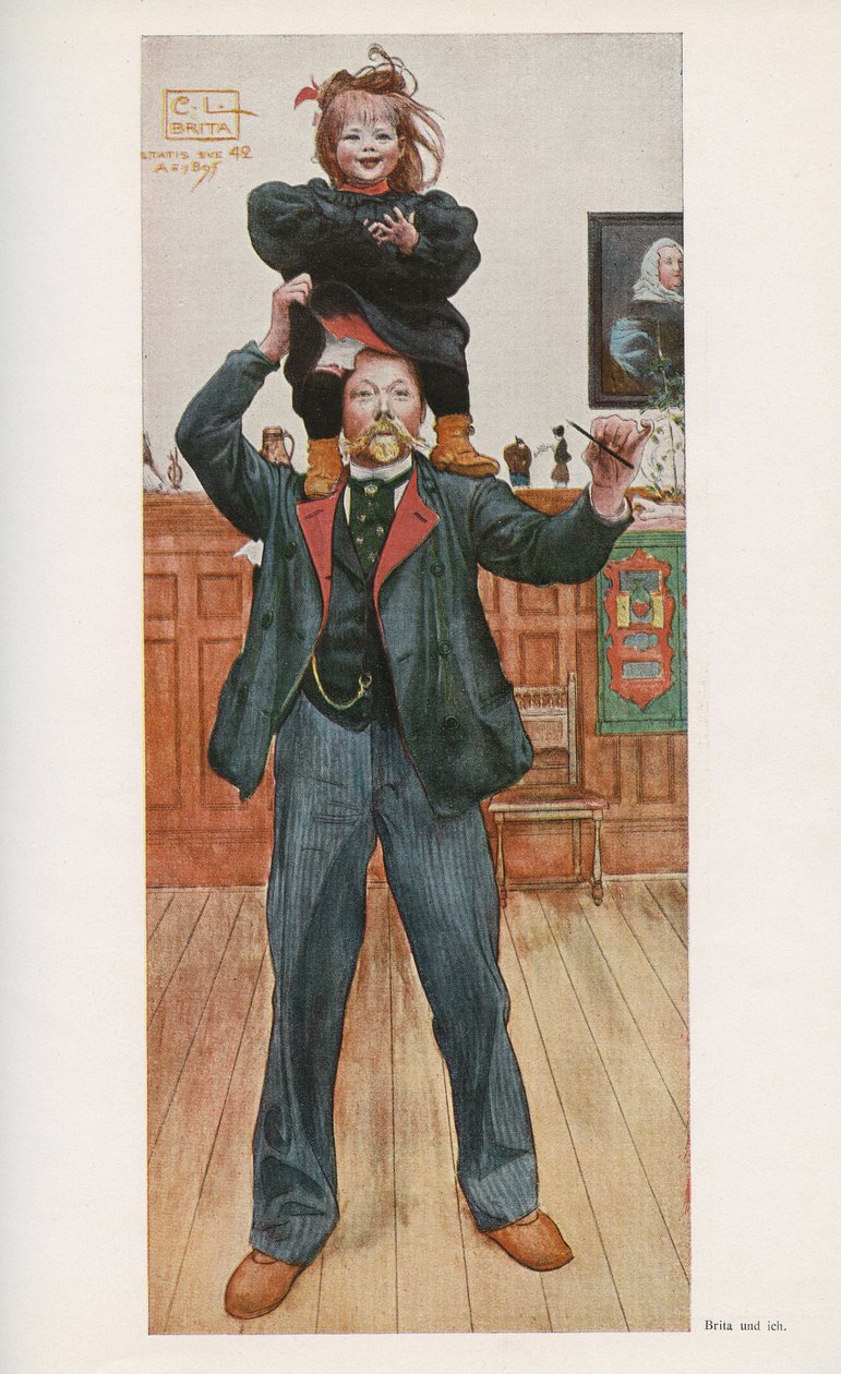 Den svenske illustratøren Carl Larsson (1853-1919) med datteren Brita. Akvarell fra "" Das haus in der sonne"" 1921 av Unbekannt