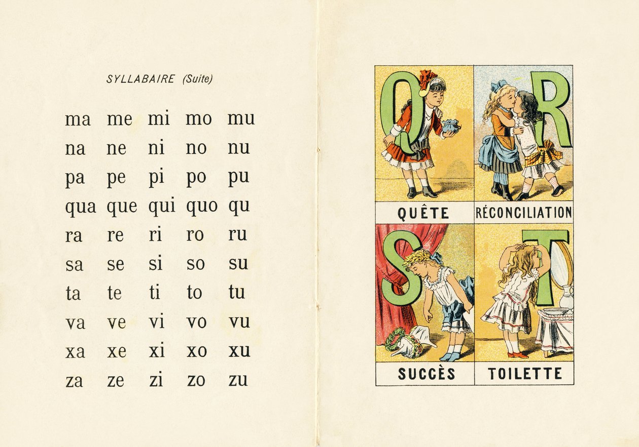 Pensum og Q R S T - Gravering fra ABCD av små jenter. Pellerin & Cie, trykkeri-utgiver, Epinal, rundt 1890. Serie A. Mål: 19 x 13,5 cm. av Unbekannt