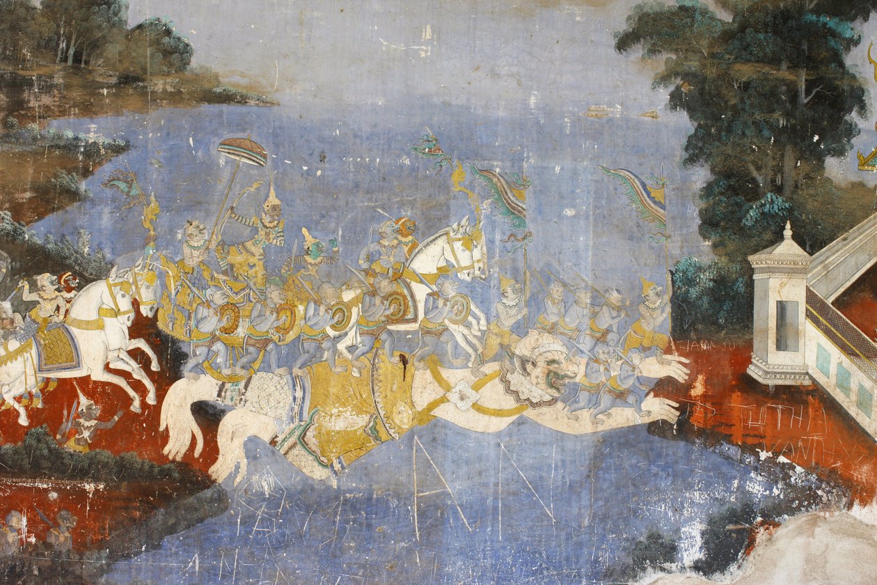 Sylver Pagoda Dette veggmaleriet viser scener fra Reamker, som er den kambodsjanske eller khmeriske versjonen av det klassiske hinduistiske diktet Ramayana, Phnom Penh, Kambodsja av Unbekannt