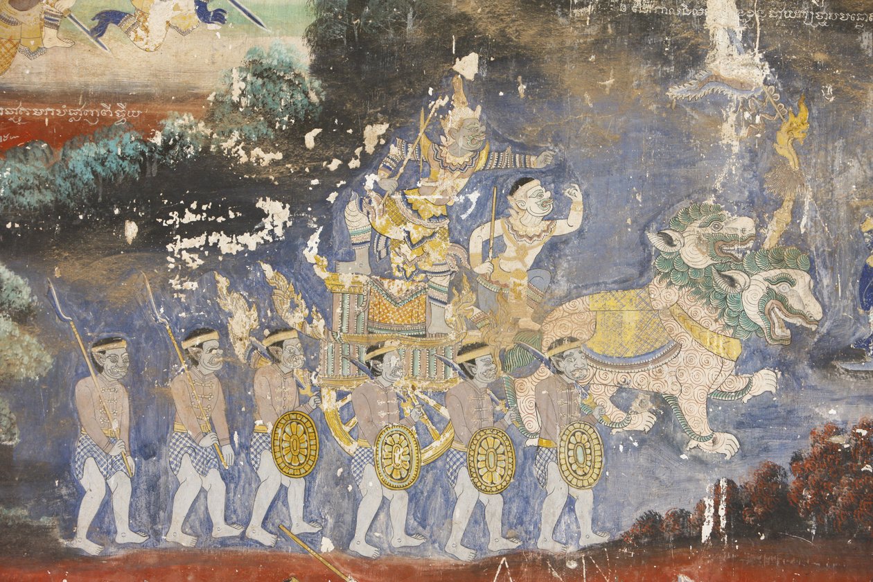 Sylver Pagoda Dette veggmaleriet skildrer scener fra Reamker, som er den kambodsjanske eller khmeriske versjonen av det klassiske hinduistiske diktet Ramayana, Phnom Penh, Kambodsja av Unbekannt