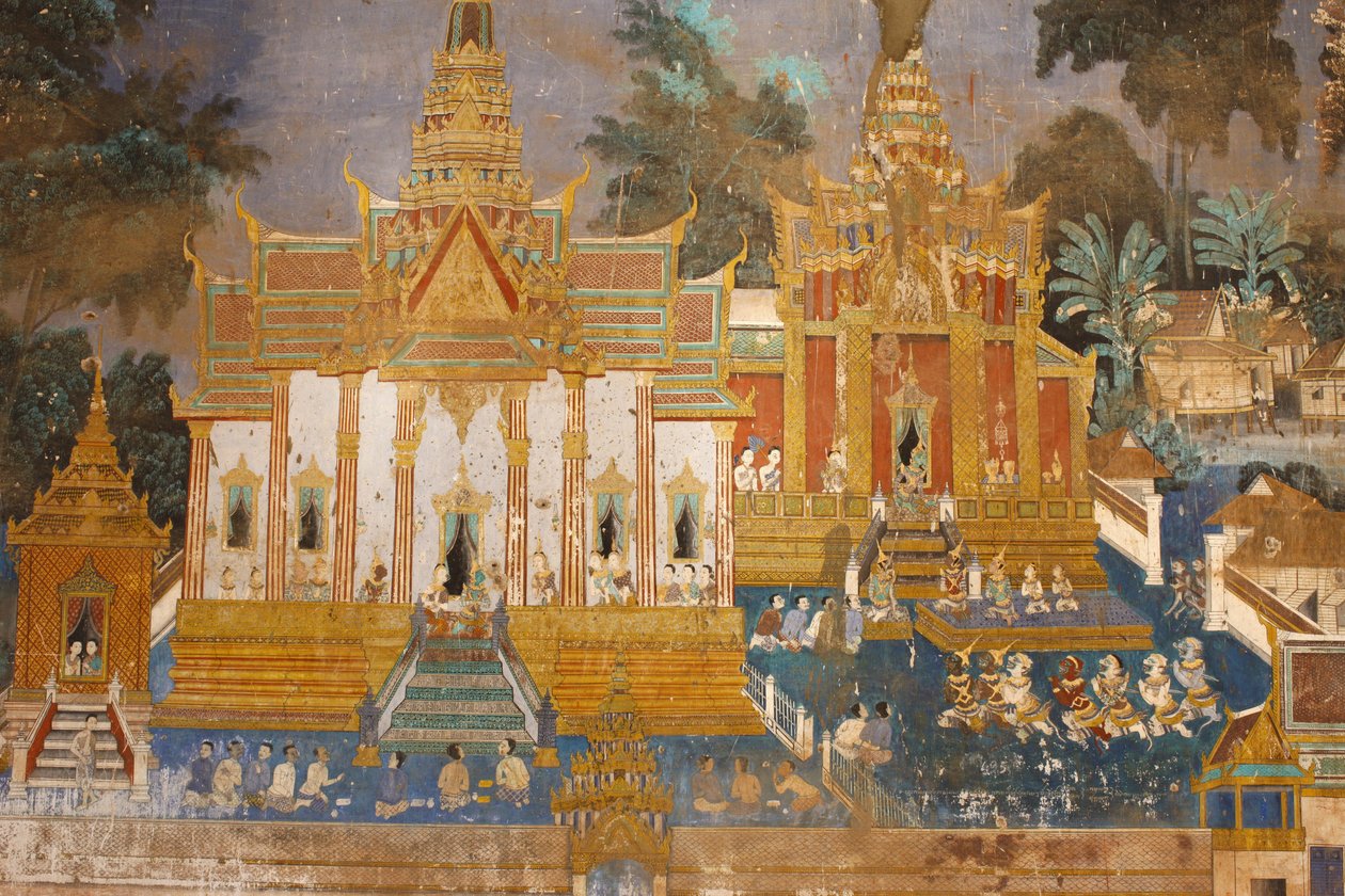 Sylver Pagoda Dette veggmaleriet skildrer scener fra Reamker, som er den kambodsjanske eller khmeriske versjonen av det klassiske hinduistiske diktet Ramayana, Phnom Penh, Kambodsja av Unbekannt