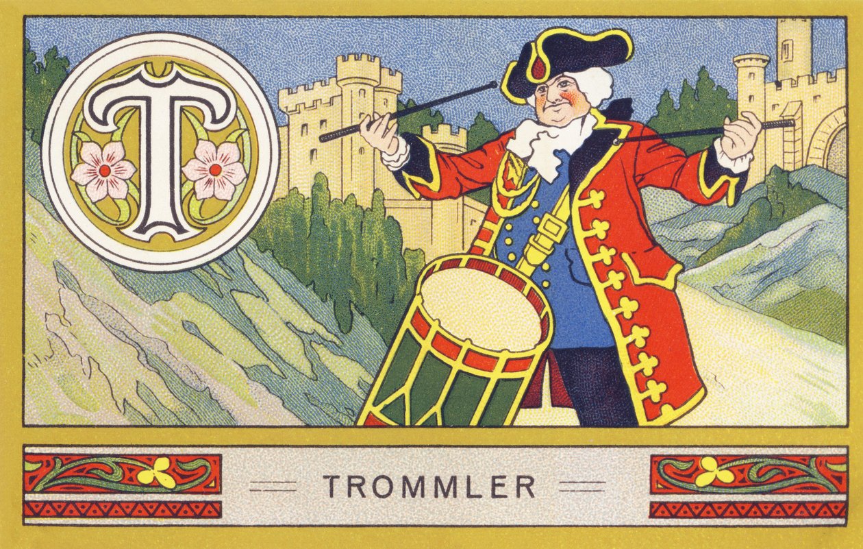 T : Trommeslager - Alphabet Palmin. Serie med kromolitografier redigert av H. Schlinck & Cie, Hamburg, sd. Publicite pour Palmin fineste kokosfett. Mål: 7 x 11 cm av William M. Timlin
