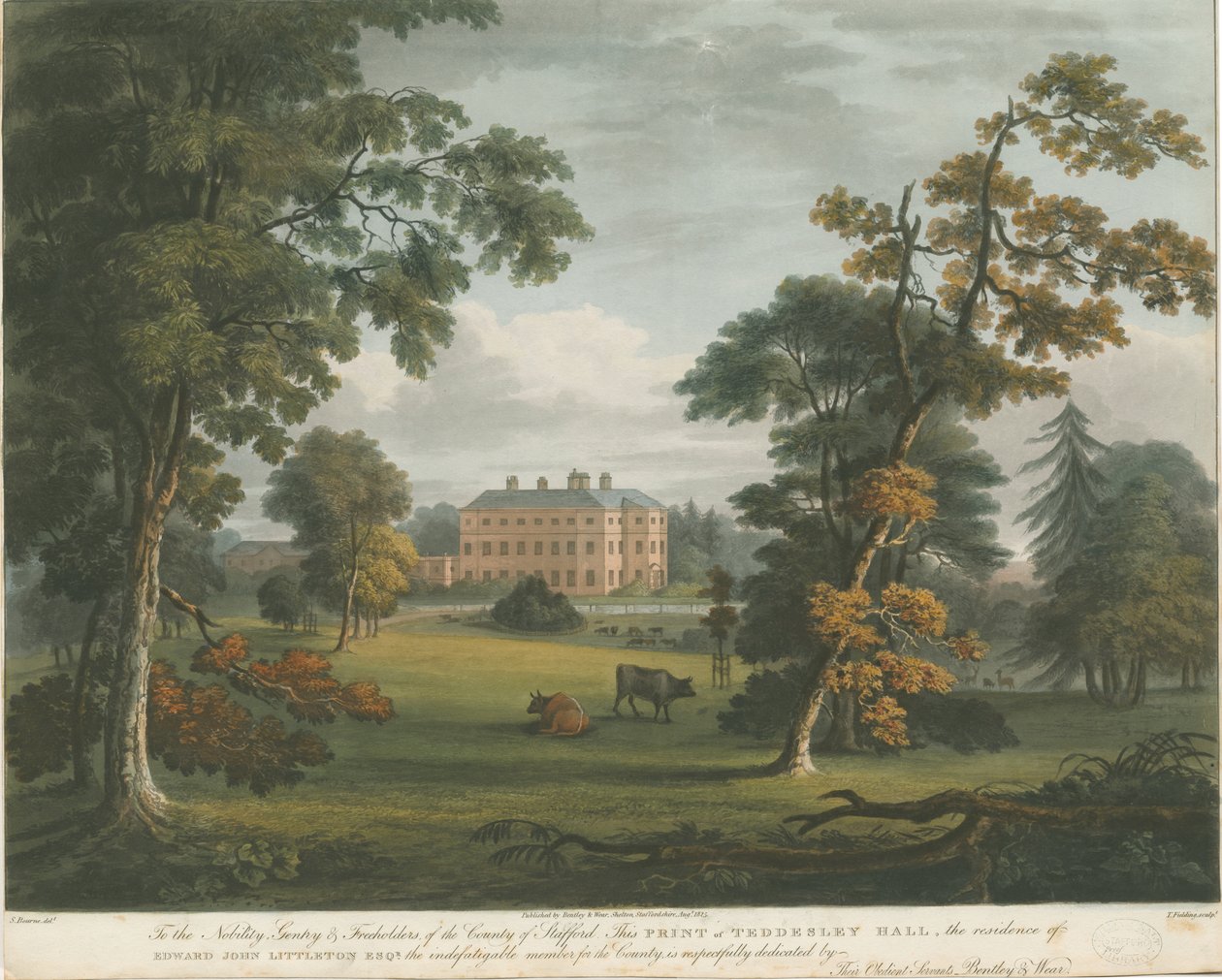 Teddesley Hall: farget akvatintgravering, nd [c 1825] av Unbekannt