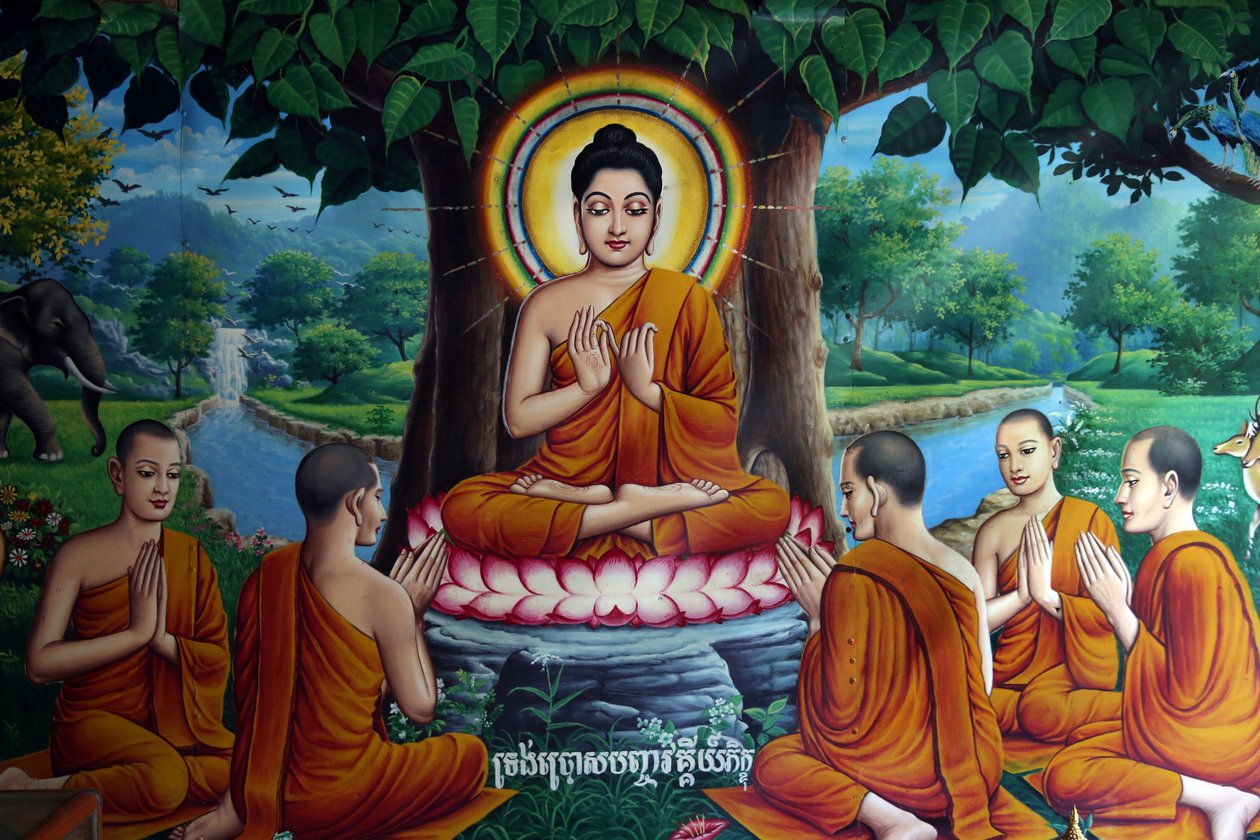 Tempelfreskomaleri som viser Buddha med disipler. Kambodsja av Unbekannt