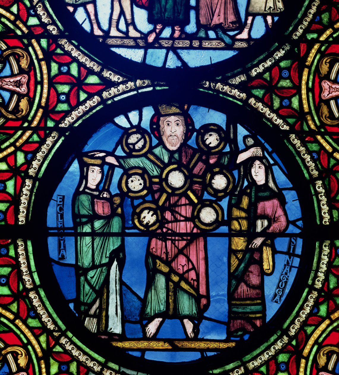 Paktens ark-vindu, detalj av Gud med kirken og synagogen av Unbekannt