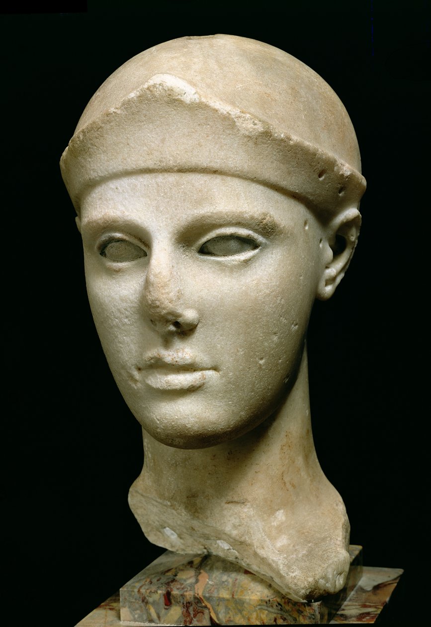 Athena fra Egina, iført hjelm, hode på en statue, gresk, eginetisk, ca. 460 f.Kr. (marmor) av Unbekannt