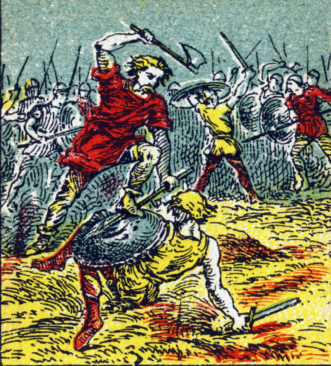 Slaget ved Vouille der Clovis I beseiret vestgoterne i 507. Gravering i "Histoire de France". Serie med reklamebilder publisert på vegne av Louit, 24 rue d