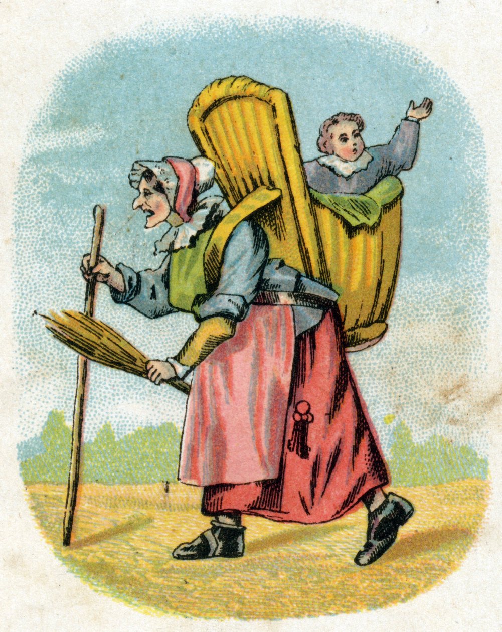 Kjærestemoren. Gammel kvinne skoleholder med skolegutt bæreveske. Gravering i "Alphabet des petits ecoliers". Avbildning av Epinal, ca. 1885. Privee Collection av Unbekannt