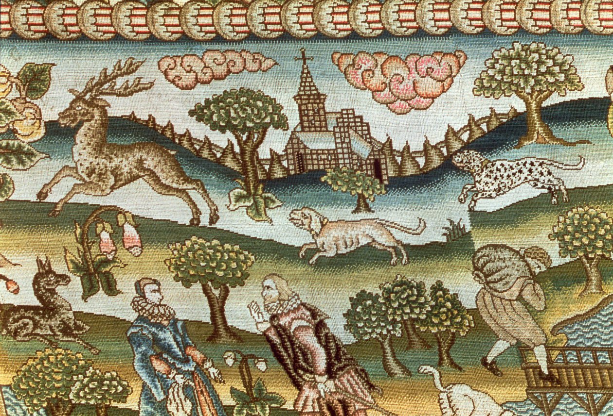 Bradford-bordteppet, detalj av hunder som jager en hjort, brodert på linlerret i farget silke, engelsk, sent på 1500-tallet av Unbekannt