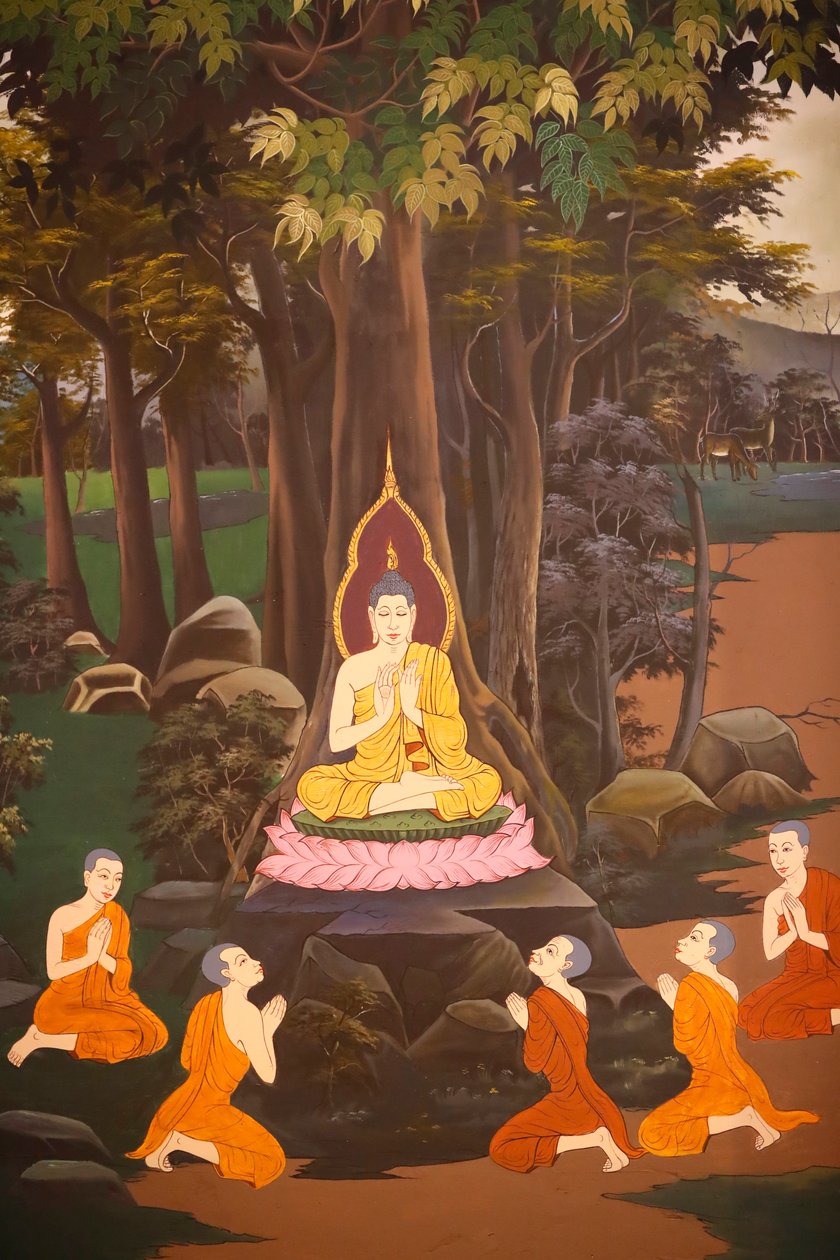 Buddha forkynte sin første preken til de fem munkene, Wall fresco, Wat Botum tempel, Phnom Penh, 2022 (bilde) av Unbekannter Künstler
