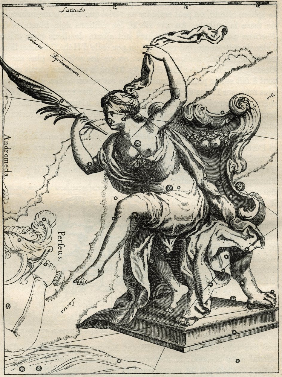 The Cassiopee of the Atlas of Hevelius (1690): Cassiopee, kone til den etiopiske kong Cephee, sittende på en lenestol utsmykket med palmer. Gravering fra "The Stars and Other Curiosities of the Sky" av Camille Flammarion av Unbekannt