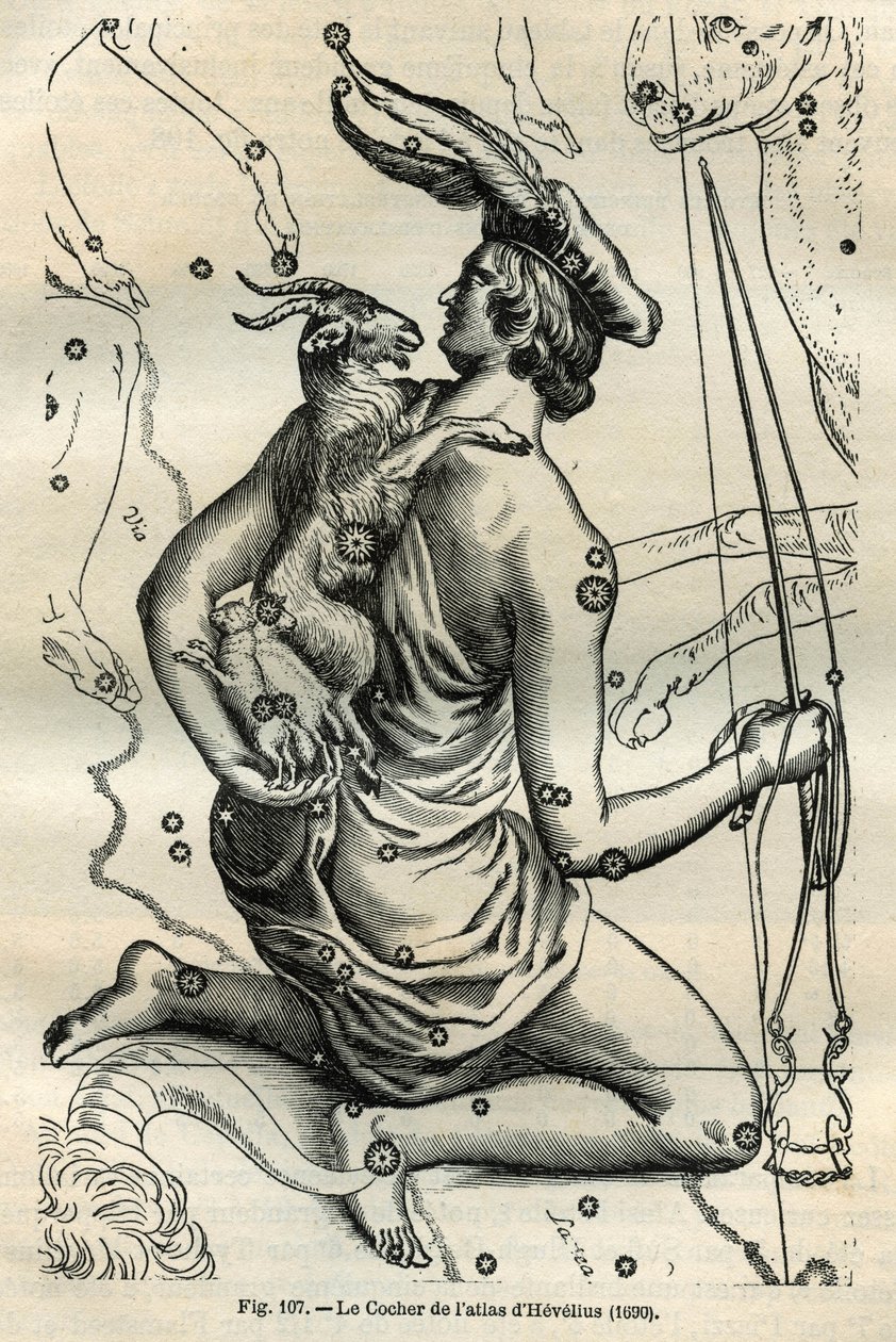 The Coach of the Atlas of Hevelius (1690): Konstellasjonen av Coach, som holder en pisk i høyre hånd og renes og på venstre arm Chevre og to chevrals, er en av de eldste i den greske sfæren. Gravering fra Camille Flammarions «Les ét av Unbekannt