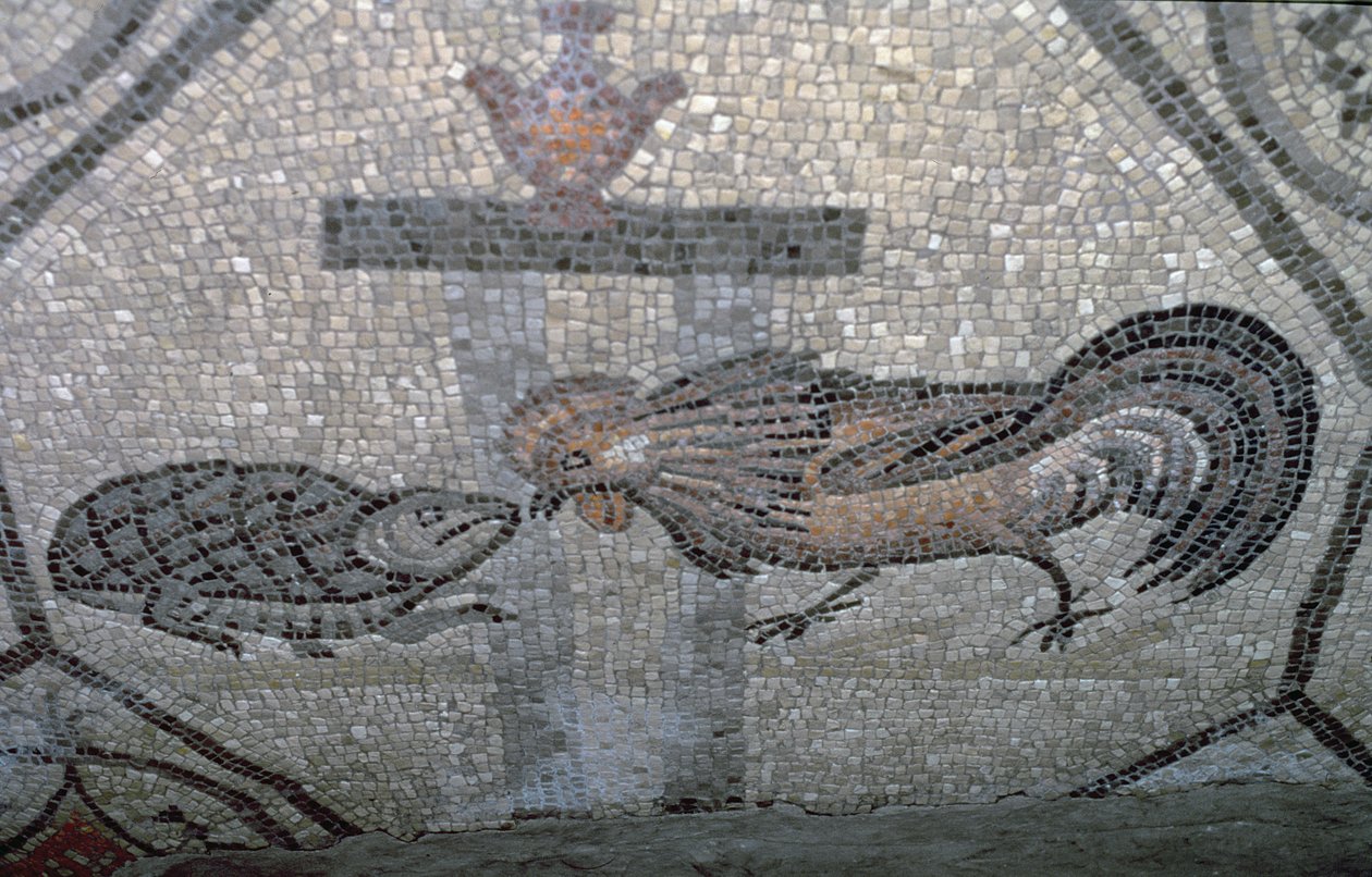 Hanen og skilpadden, detalj fra et dekorativt fortau som viser kristne bilder og hedenske symboler, ca. 313 e.Kr. (mosaikk) av Unbekannt
