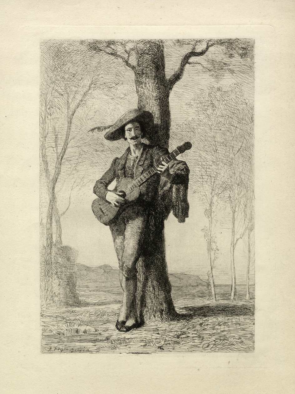 Gitaristen, Frankrike, ca. 1870 (gravering) av Unbekannter Künstler
