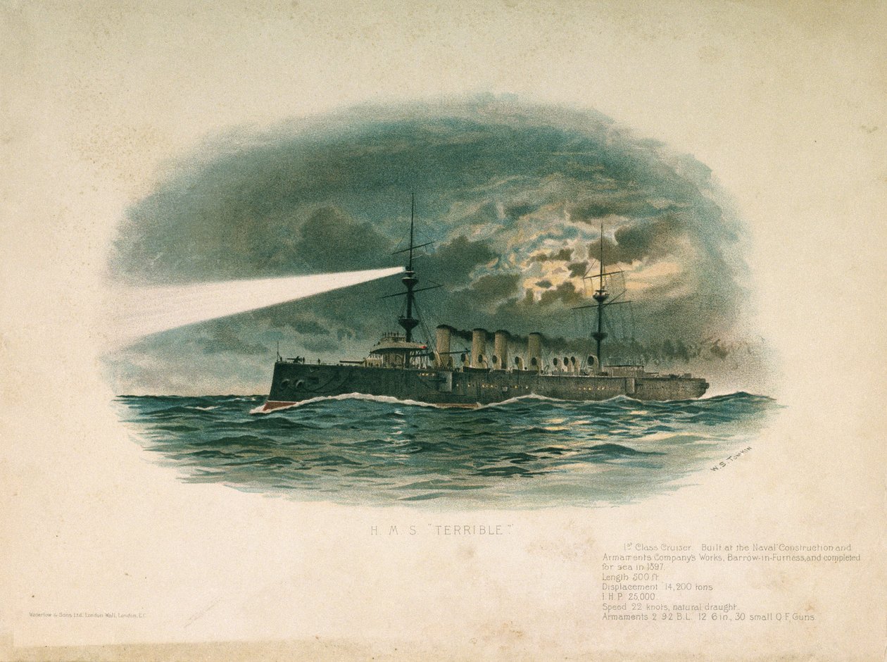 HMS «Terrible», en førsteklasses krysser, bygget av Barrow in Furness Shipbuilding and Arms Company i 1897. Kromolitografi på slutten av 1800-tallet, av WS Tomkin (). av Unbekannter Künstler