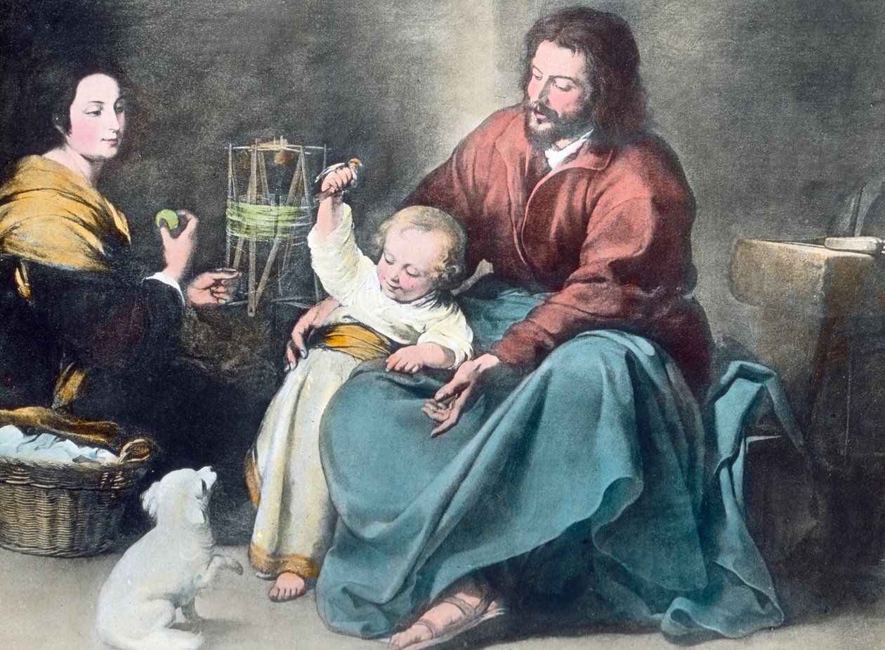 Den hellige familie med den lille fuglen av Unbekannter Künstler