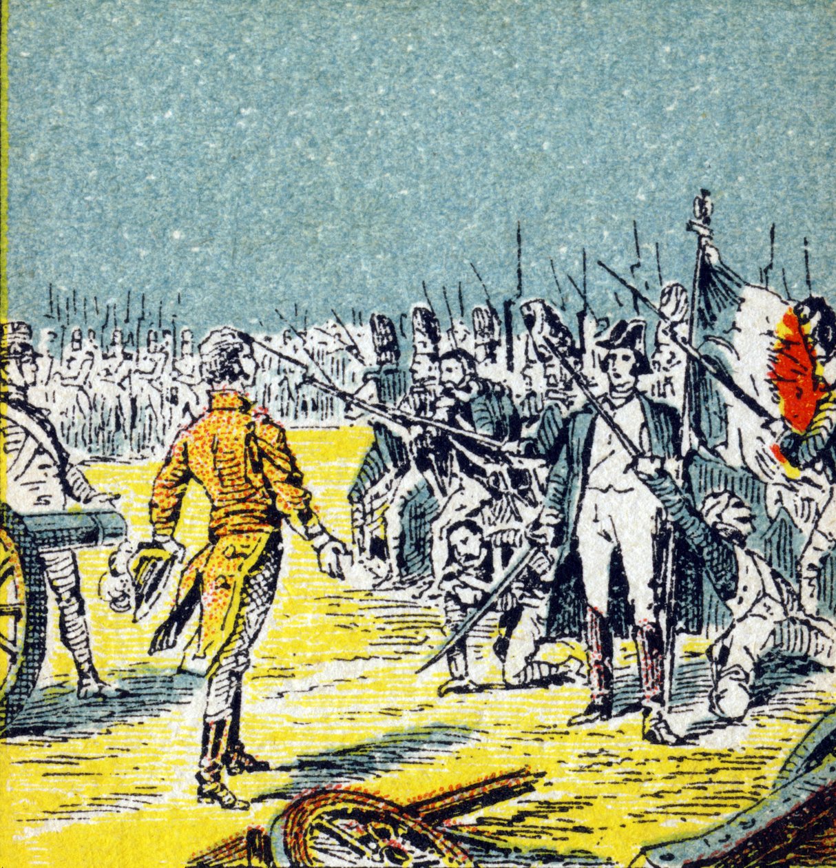 De hundre dagene: Napoleon I Bonapartes nederlag mot Waterloo i 1815. Gravering i "Histoire de France". Serie med reklamebilder publisert på vegne av Louit, 24 rue d'Eysines-a-Bordeaux, ca. 1920. Total bildestørrelse: 7,8 x5,5 cm. av Unbekannt
