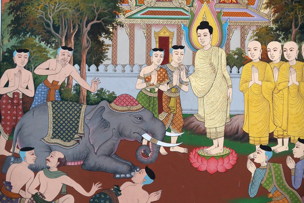 The Life of the Buddha, En vill elefant temmet av kjærlig godhet, veggfreskomaleri, Wat Maniratanaram kloster, Phnom Penh, 2022 (bilde) av Unbekannter Künstler
