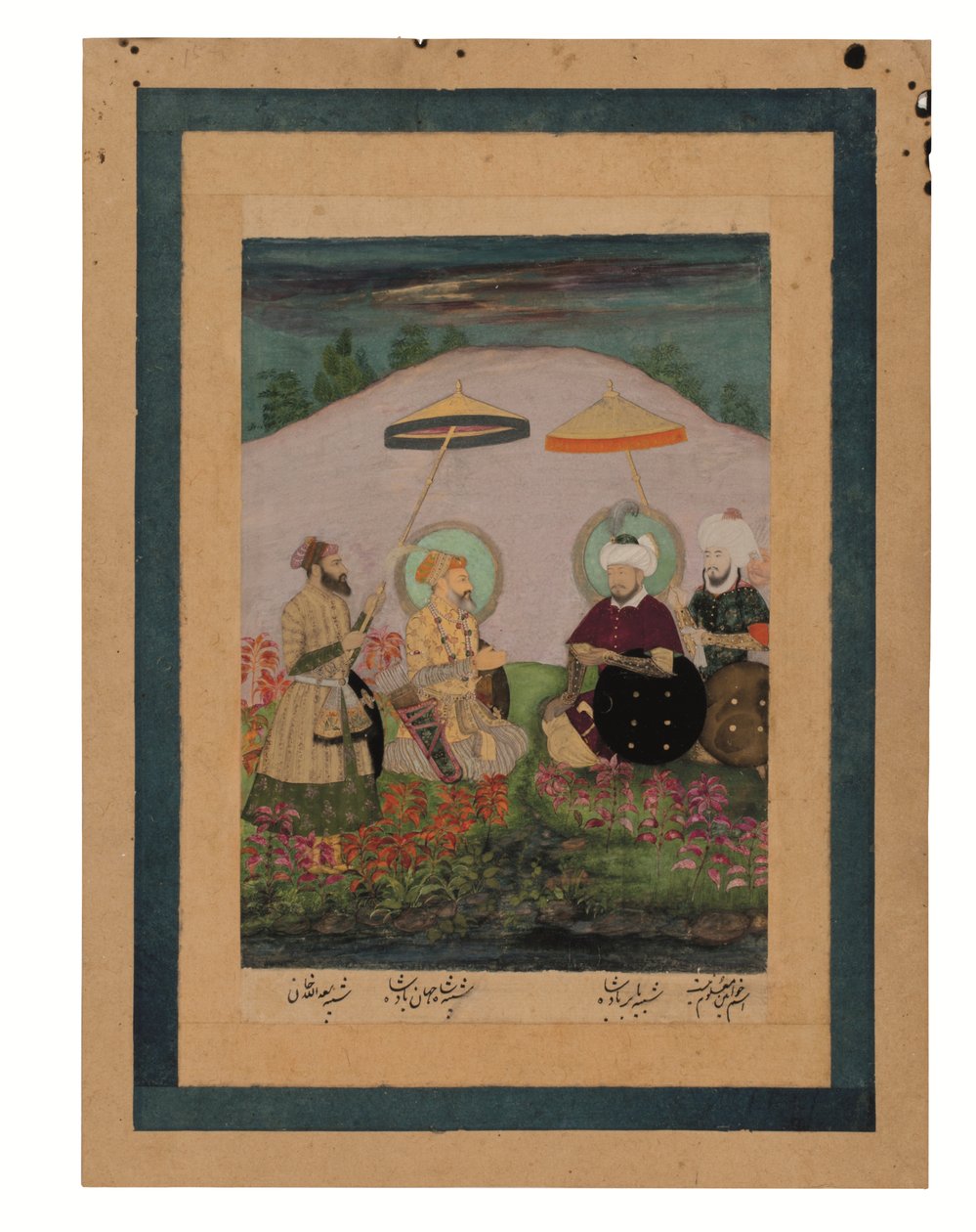 Mughal-keiseren Shah Jahan med sin forfar Timur (gouache med gull på papir) av Unbekannter Künstler