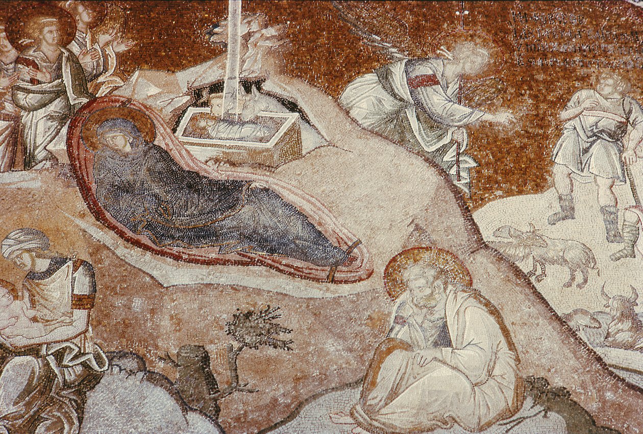 Fødselen, fra Chora-klosteret, bysantinsk, ca. 1300-tallet (mosaikk) (for detaljer se 119256) av Unbekannt