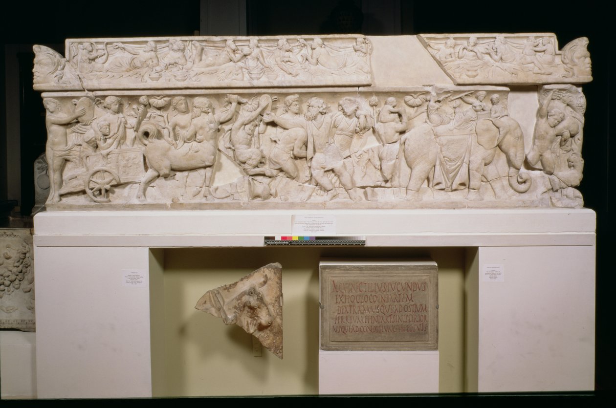 Pashley-sarkofagen, frise som viser Dionysos triumferende tilbakekomst fra Østen, Roman, fra Arvi på Kreta, ca. 125-150 e.Kr. (marmor) av Unbekannt