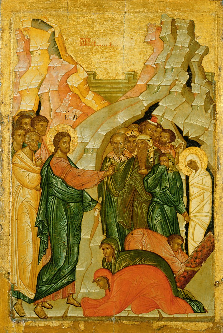 The Raising of Lazarus, russisk ikon, Novgorod-skolen av Unbekannt