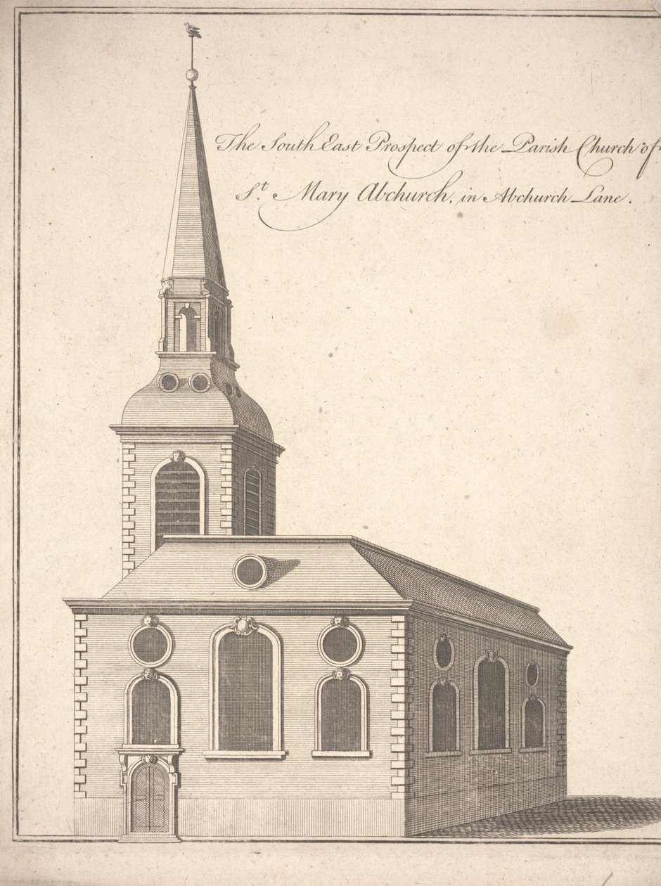 Sørøst-prospektet til Parish Church of St. Mary Abchurch, i Abchurch Lane, ca. 1740 (gravering) av Unbekannter Künstler