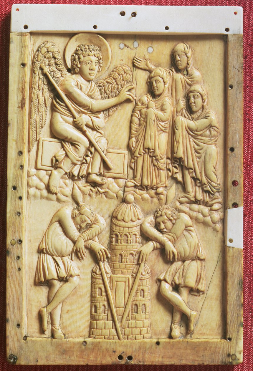 The Three Maries at the Tomb, utskåret plakett, School of Palace of Charlemagne, fransk (elfenben) av Unbekannt