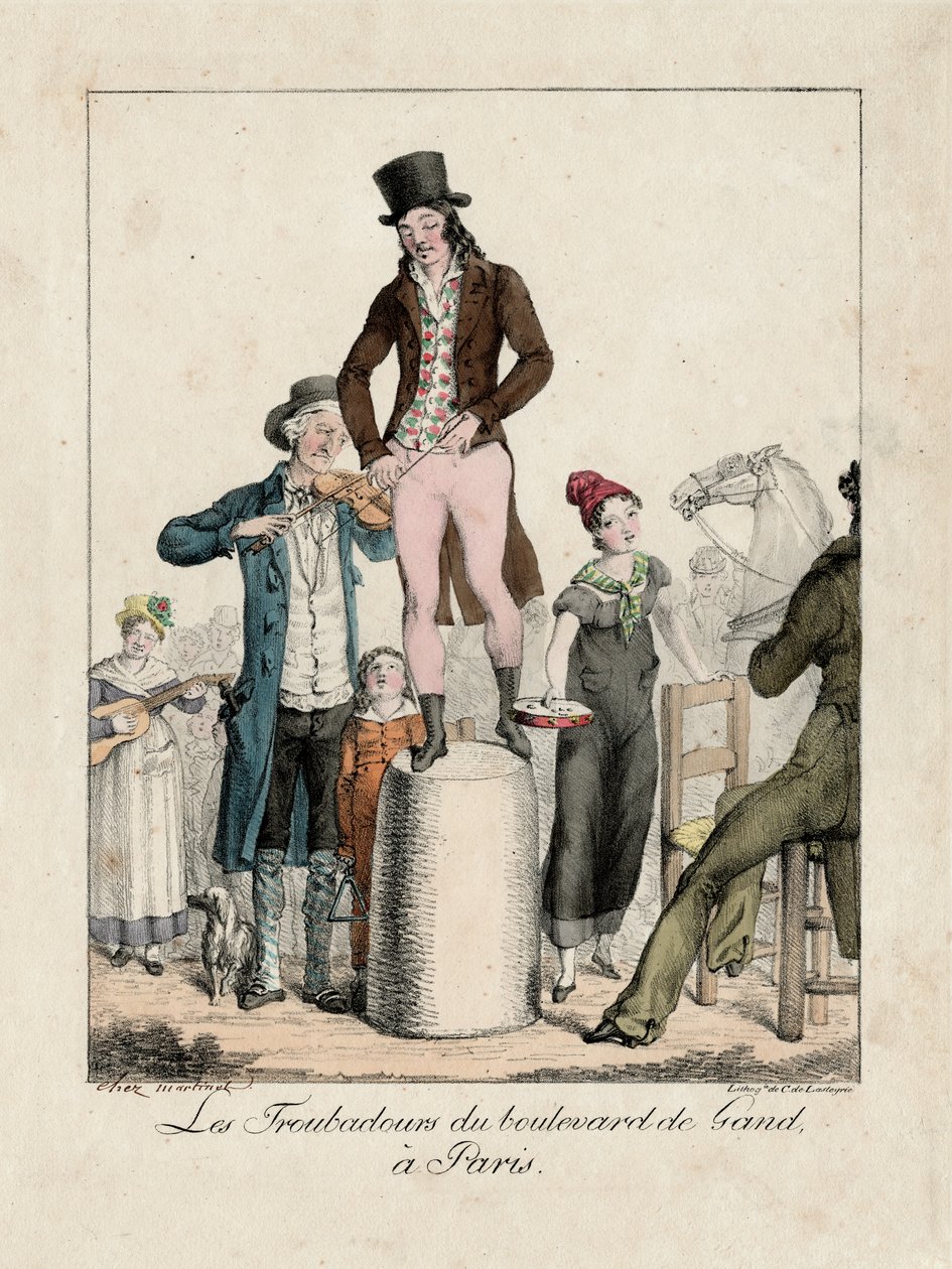 Trubadurene på Boulevard de Gand, Paris, ca. 1820 (gravering) av Unbekannter Künstler