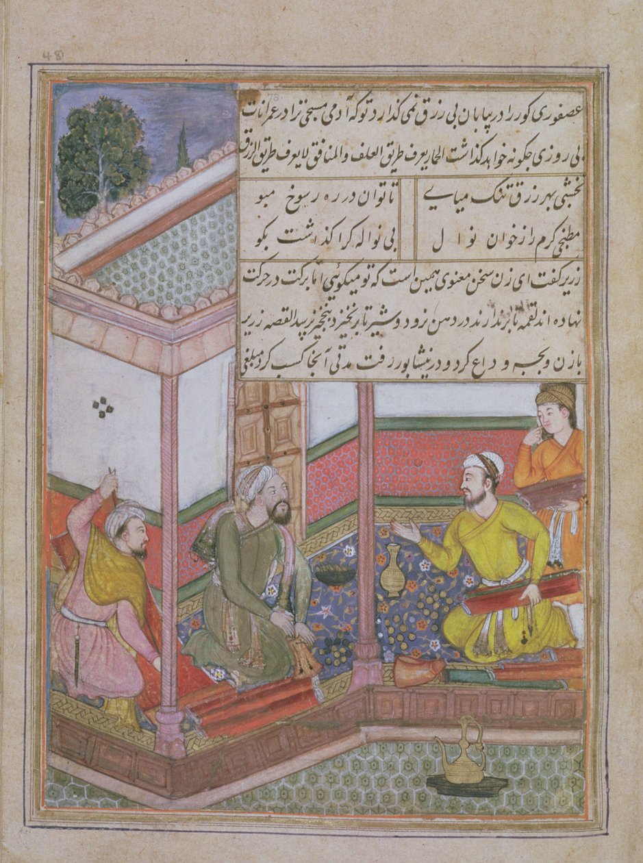 The Twenty-Seventh Night: Zarir og to andre vevere selger tøy til en mann som holder en veske, fra Tuti Nama (Tutiname) ca. 1580 (vellum) av Unbekannt