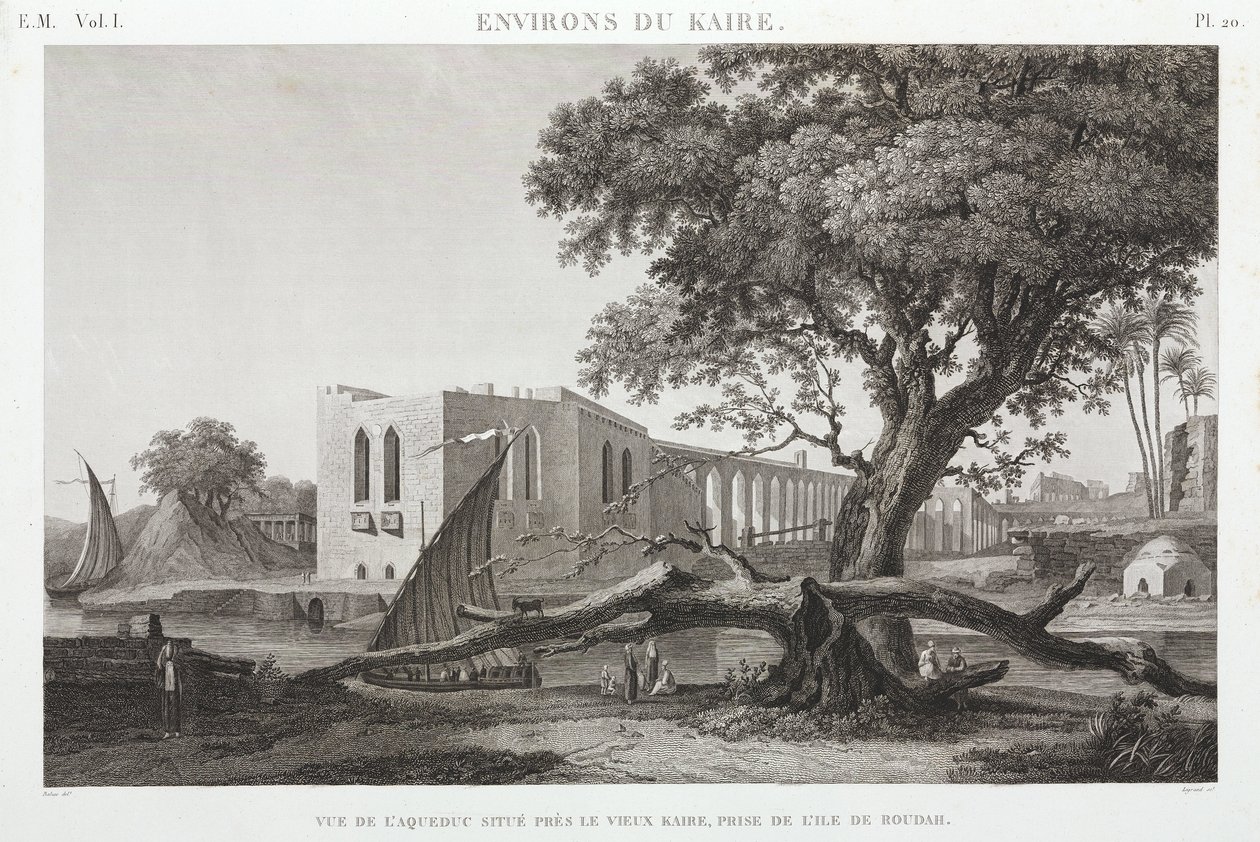 Akvedukten ved Gamle Kairo, fra øya Roudah, Egypt, ca 1798 av Unbekannt