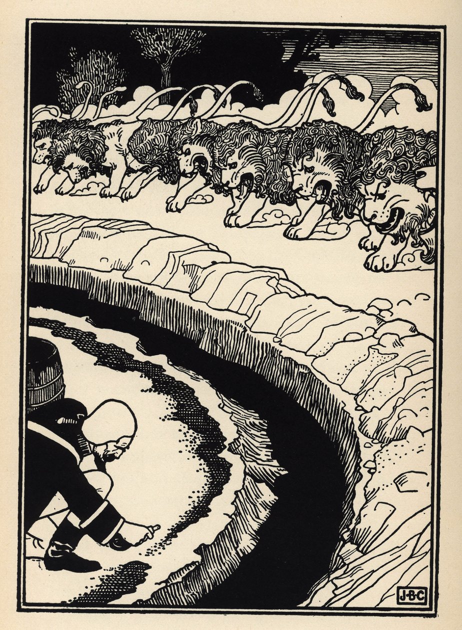 Baronen forsvarer seg mot angrep fra løver ved å sette fyr på krutt. Illustrasjon av William Strang (1859-1921) og JB Clark fra "The Adventures of the Baron of Munchausen (Munchhausen) av Rudolf Erich Raspe (1736-1794) (1789) av Unbekannt